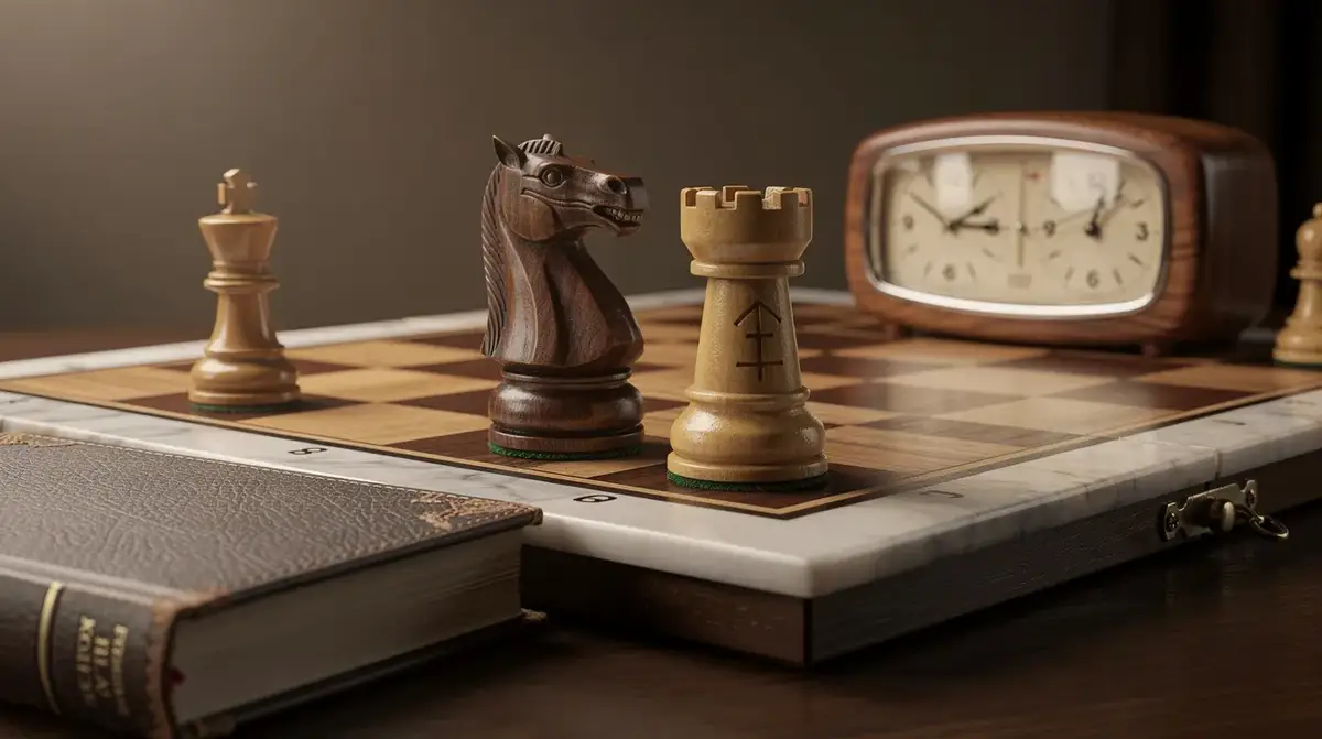 Warm chess still life showing a knight and rook around an edge king