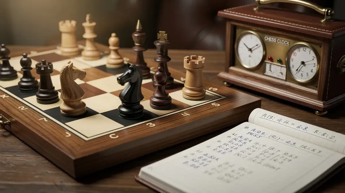 Warm chess still life showing a queen offer with knight and rook support