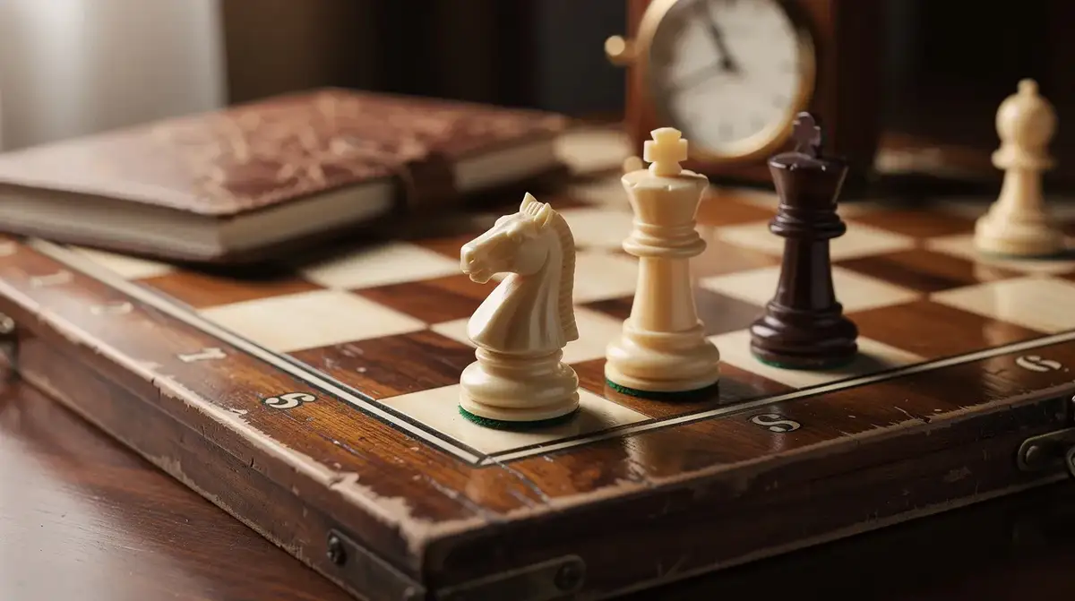 Rook and knight near a corner king in a warm wooden chess study