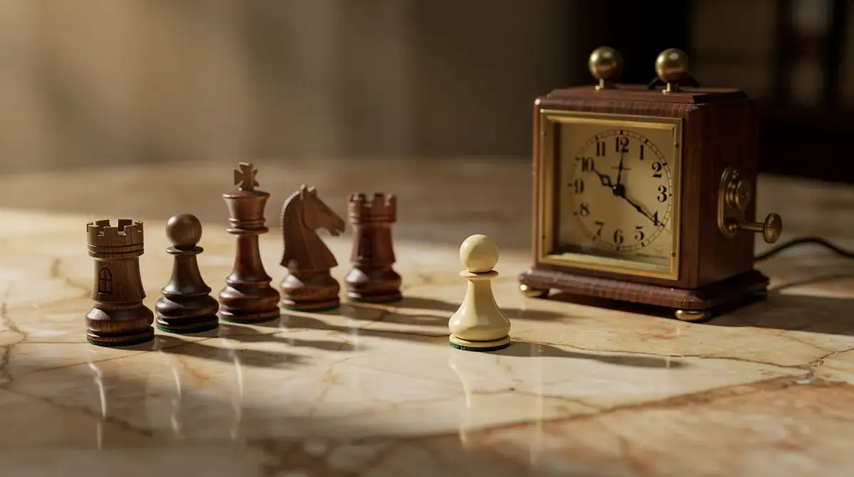 Cream pawn facing wooden rook, bishop, knight and queen pieces beside an antique chess clock