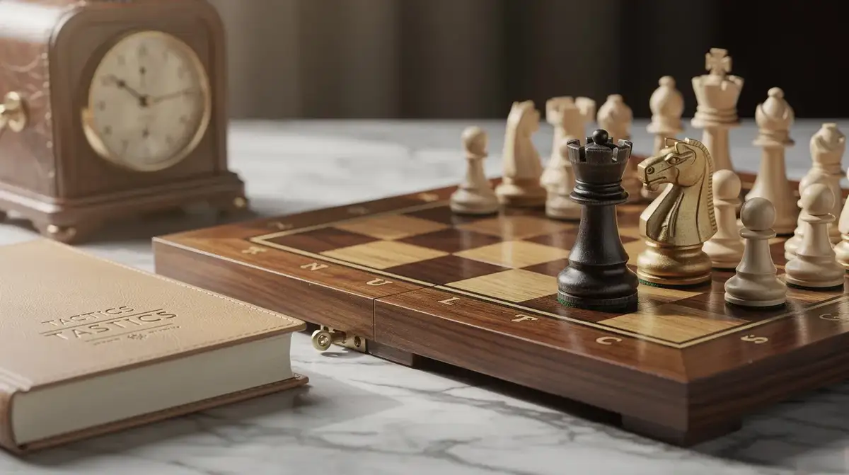 Warm chess still life showing a rook, king, and back-rank pawn wall
