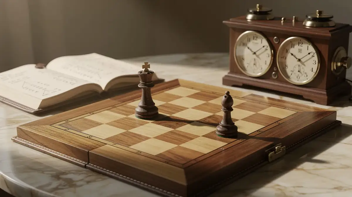 Wooden bishop and edge pawn beside a chess clock and endgame notebook