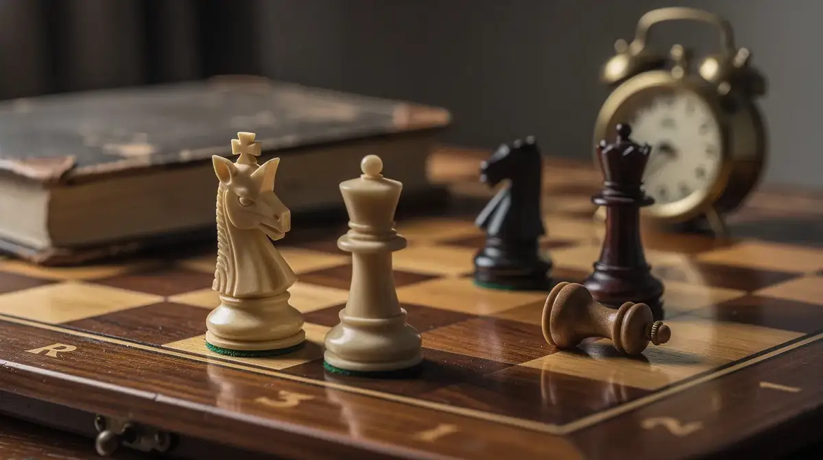 Crossing bishop lines and a queen in a warm wooden Boden's mate chess study