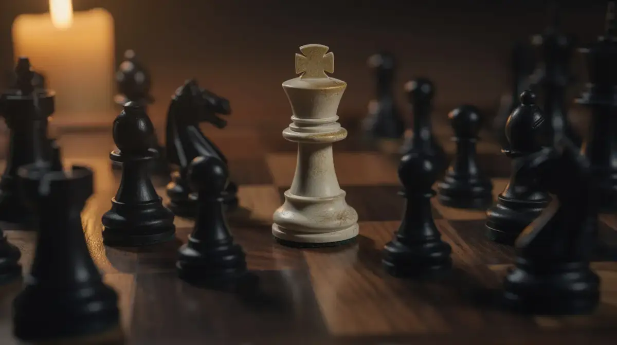 Chess player studying a difficult position on the board, looking for comeback strategies and defensive resources