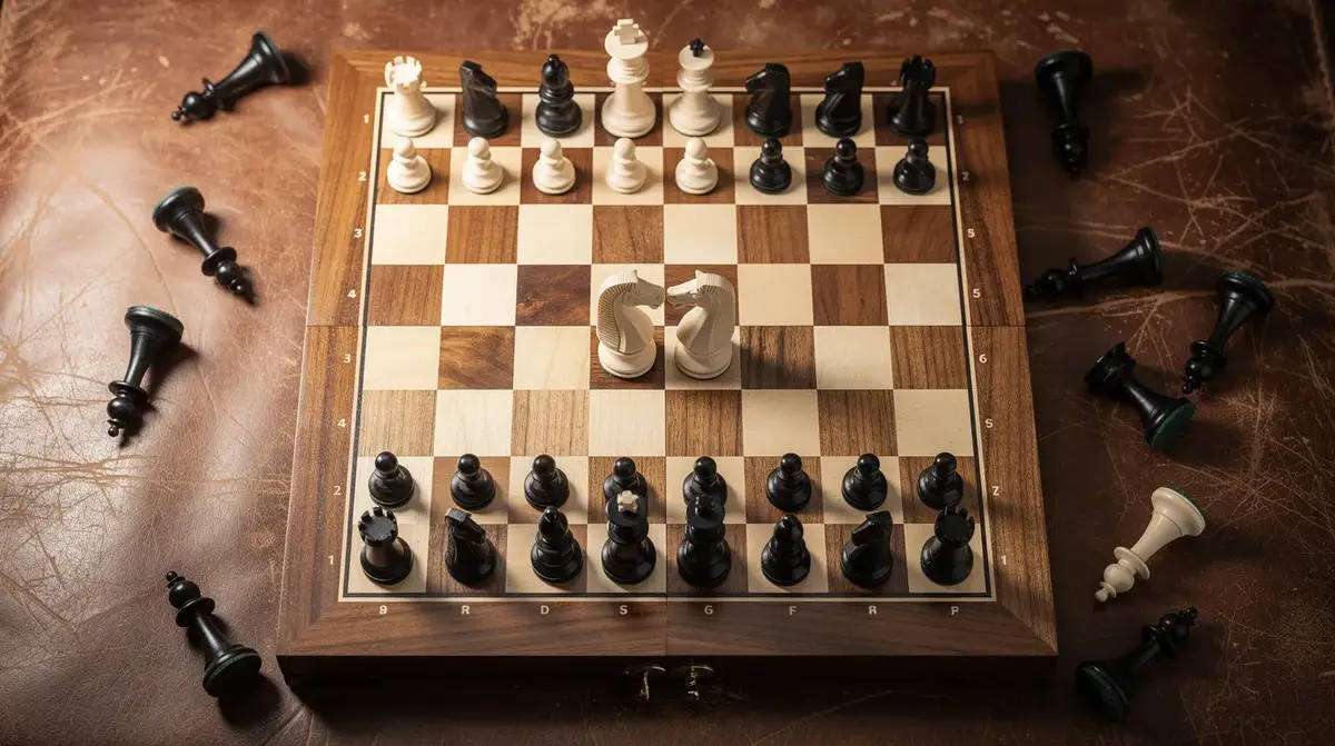 Chess player studying a complex tactical position with multiple pieces ready to attack the exposed enemy king