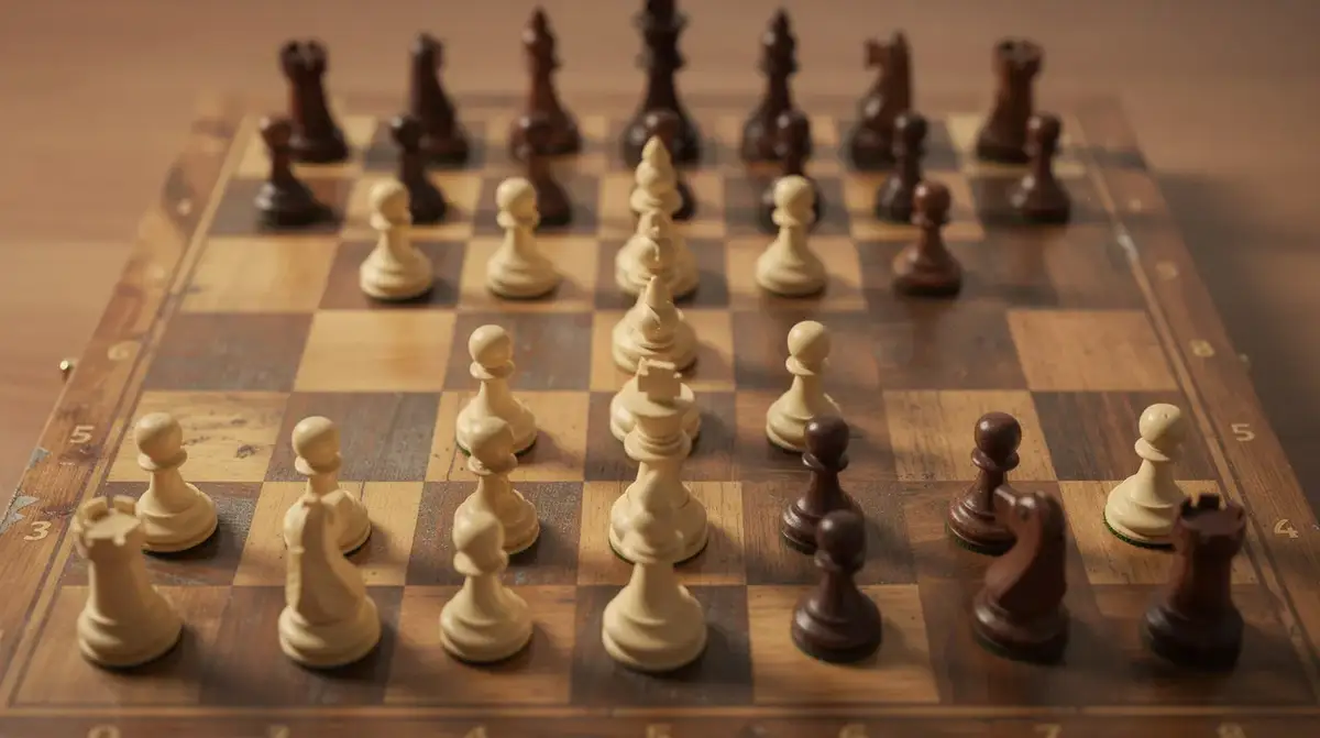 Chess board showing a space advantage with White's pawns advanced to d5 and e5 restricting Black's pieces