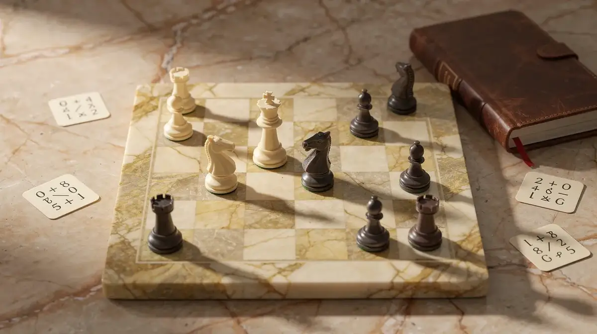 Player studying chess tactics on a digital board showing calculation lines and highlighted candidate moves