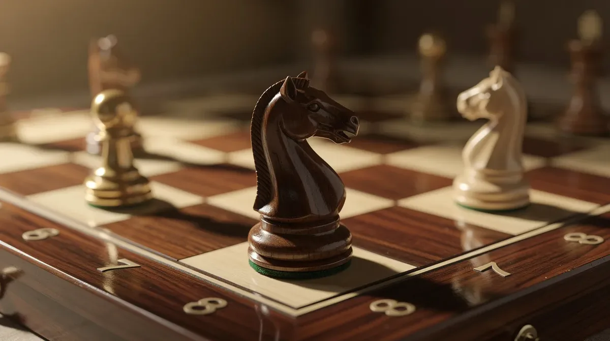 Chess board showing a knight fork attacking both the king and rook simultaneously