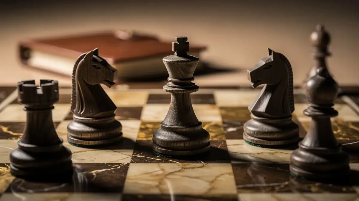 Chess tactics diagram showing hidden threats and piece alignments in a complex middlegame position