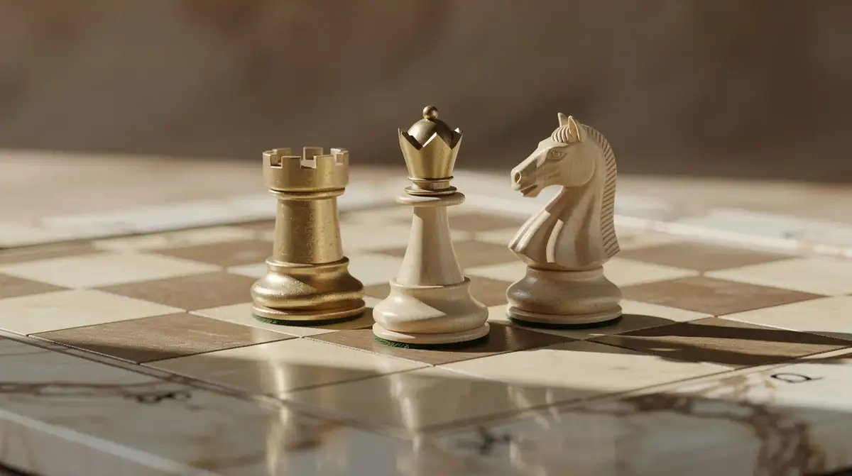 Chess diagram showing a rook battery and bishop supporting a knight outpost - perfect piece coordination example