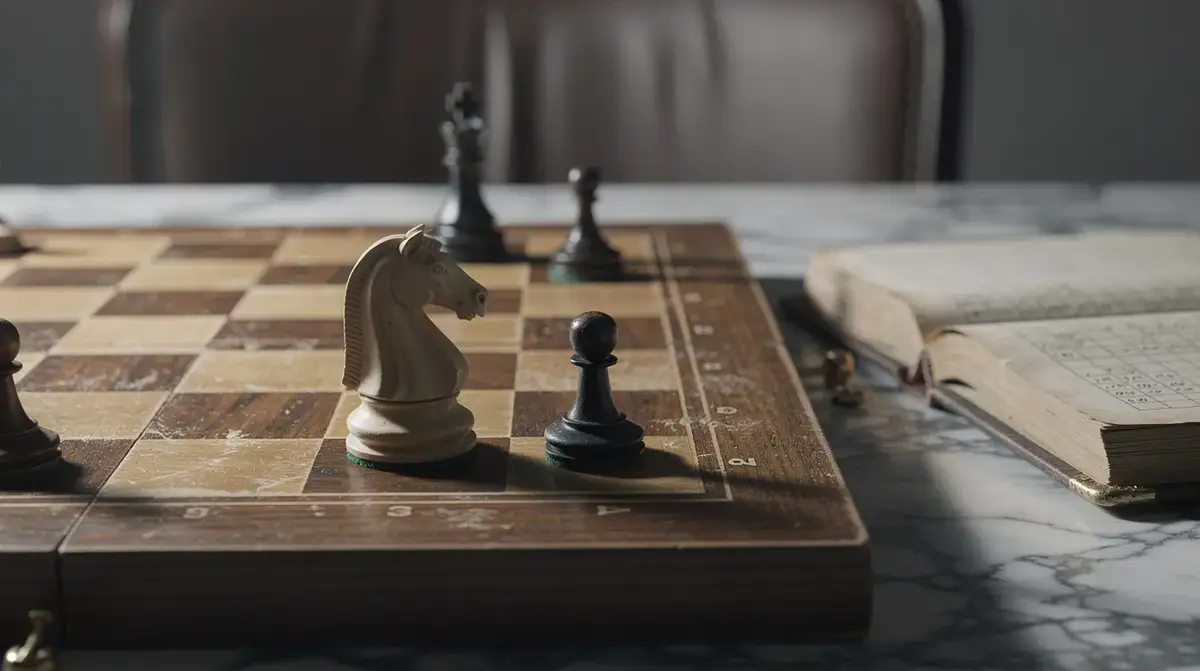 Cream knight near a central pawn while a dark bishop suggests an unexpected diagonal check