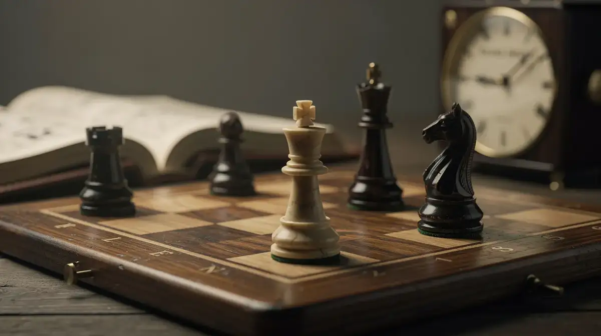 Cream bishop near a dark queen on a warm wooden board, suggesting the Elephant Trap