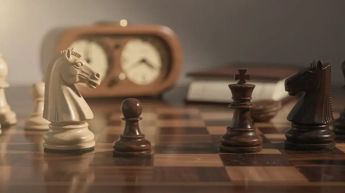 Cream knight poised near a dark king in a warm wooden chess still life