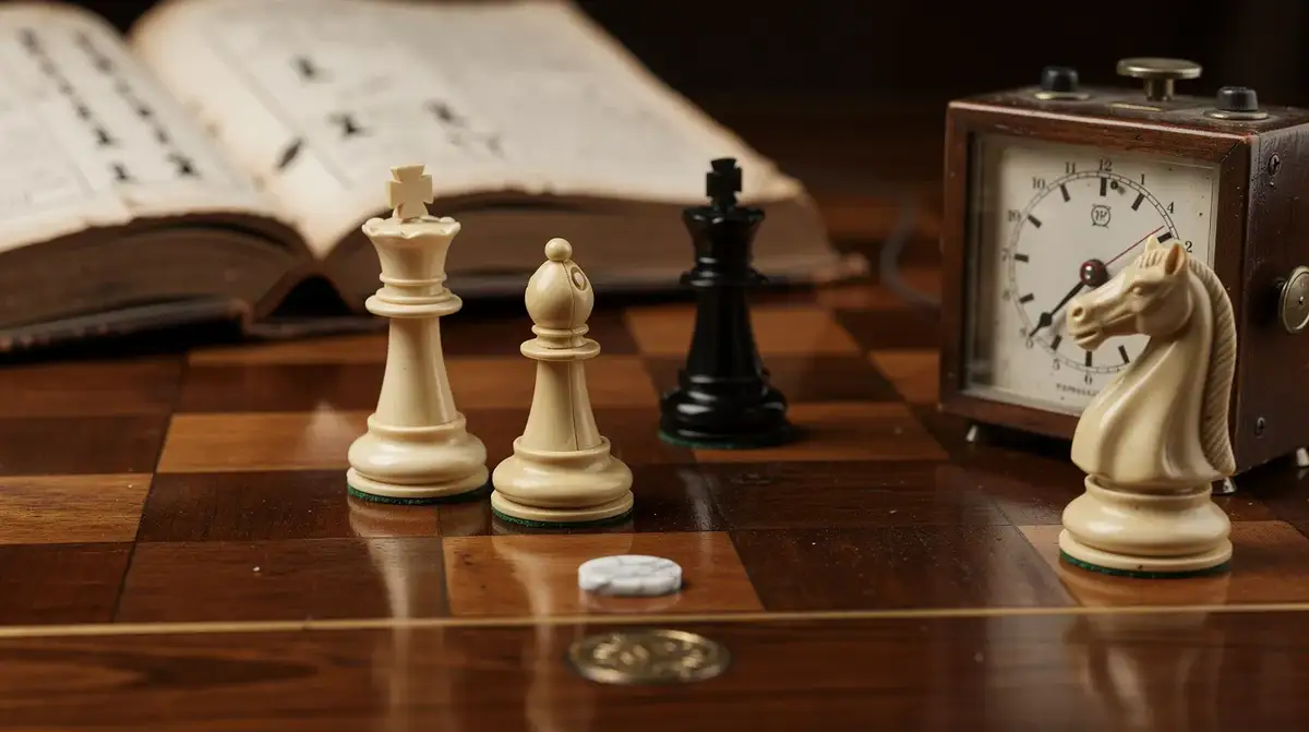 Cream queen and bishop aimed toward an exposed wooden king beside a vintage chess clock