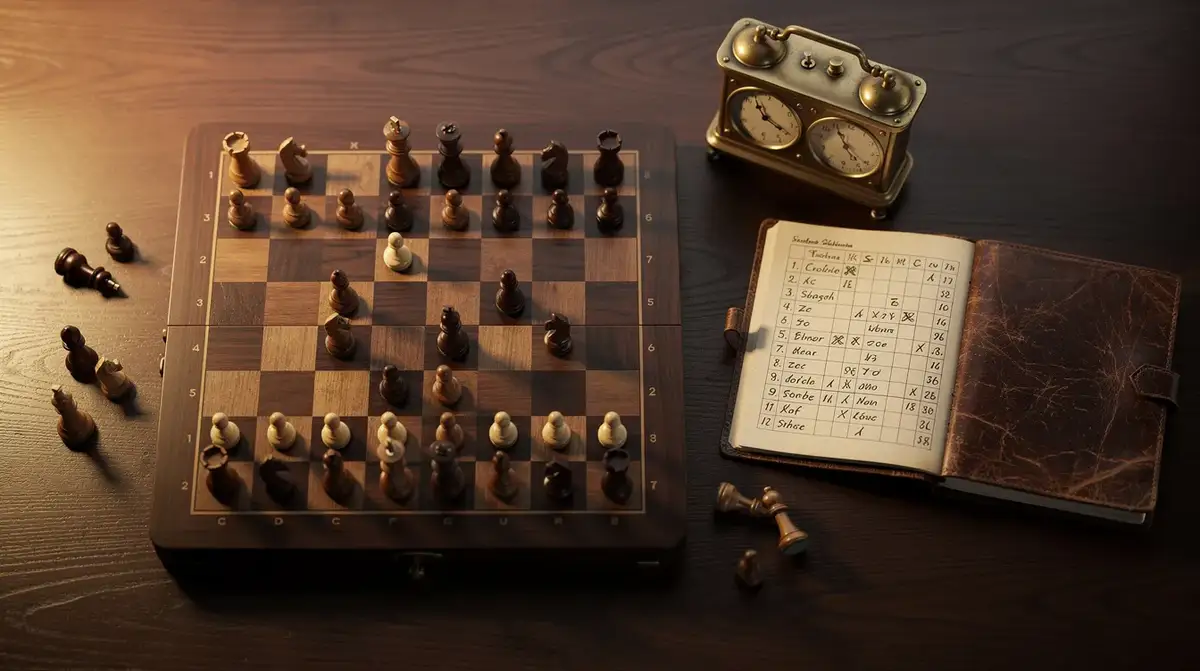 Chess player reviewing a game on a board, analyzing positions move by move to identify mistakes and improve rating