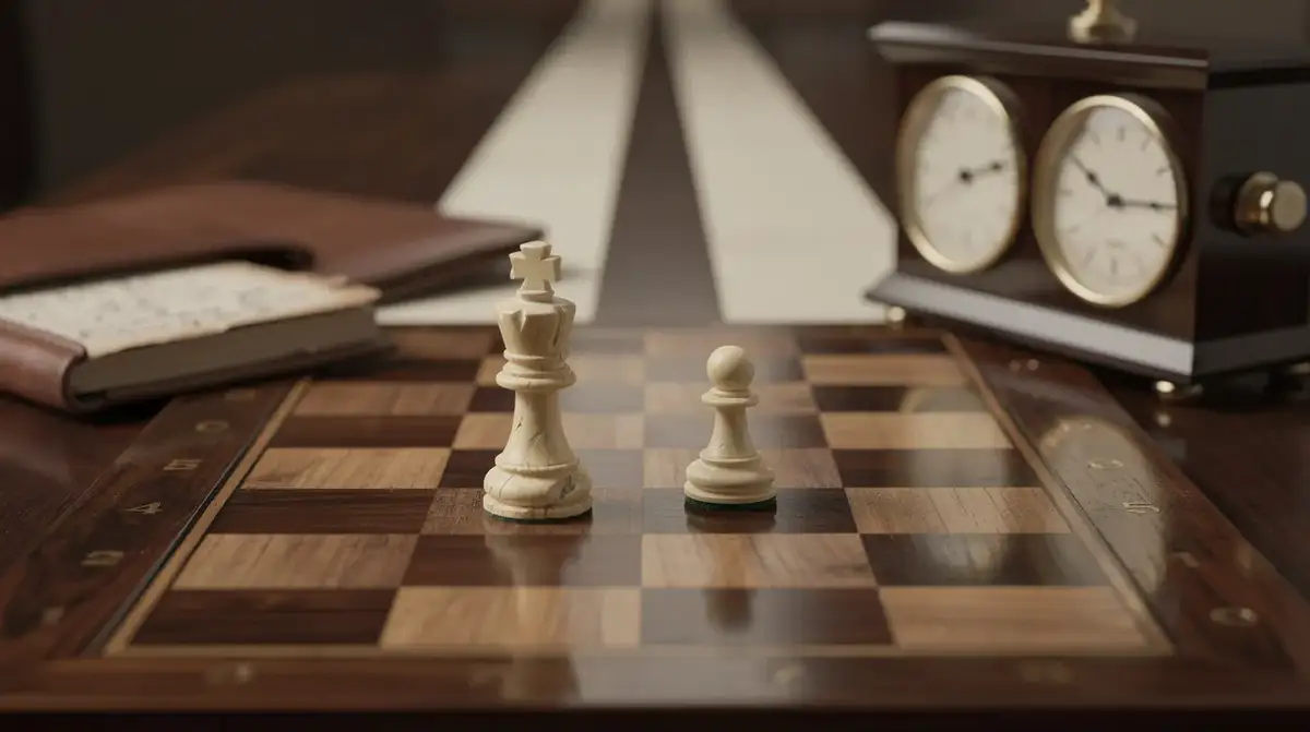 Cream king leading a pawn toward three open files on a warm wooden chessboard