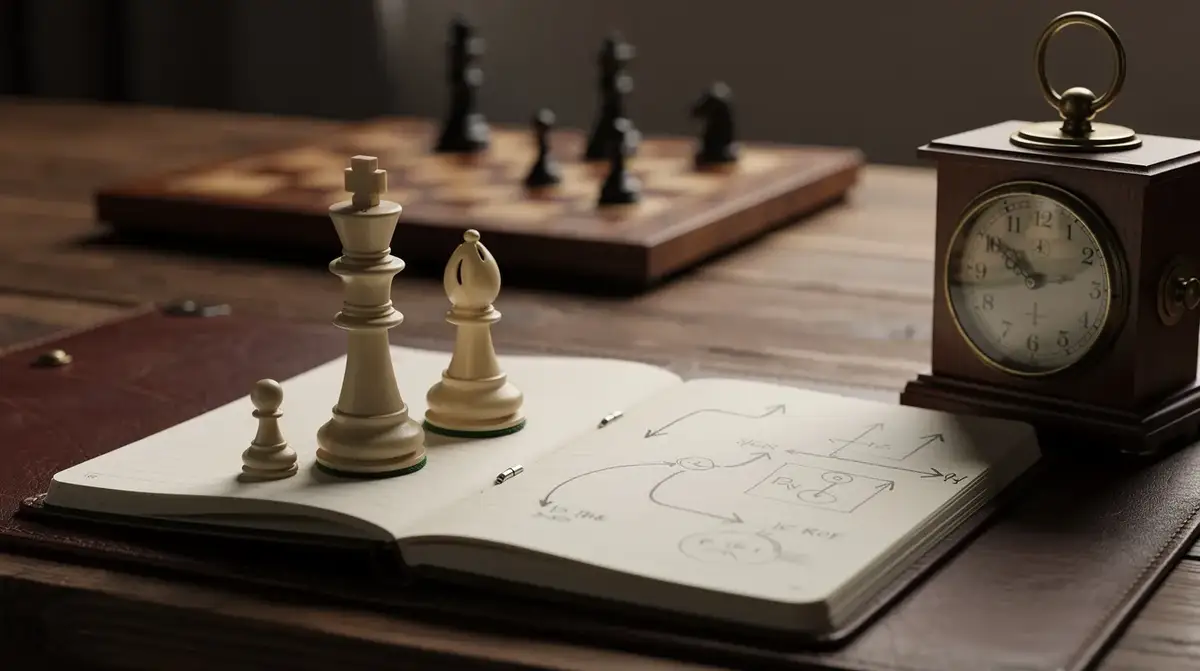Wooden king and pawn beside an open endgame notebook and antique chess clock