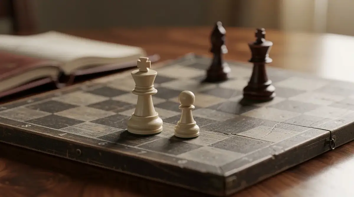 Pale wooden king beside a pawn with a darker king across an antique chessboard