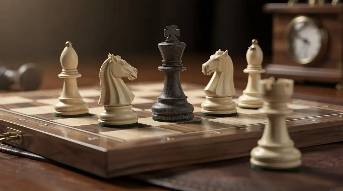 Wooden bishop and two knights arranged around a dark king in a warm chess still life