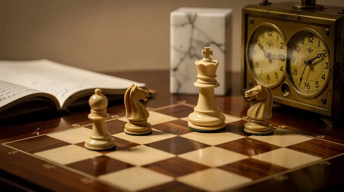 Cream queen beside a vintage chess clock and minor pieces on a warm wooden board