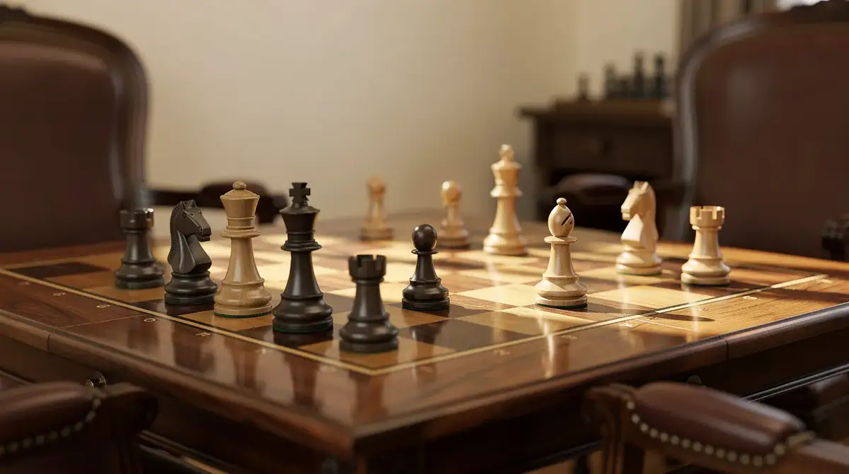 Warm wooden chessboard illustrating Lucena rook endgame planning