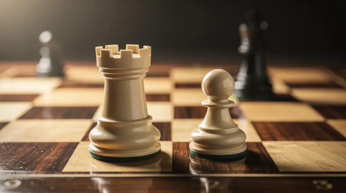 Ivory rook beside an advanced pawn illustrating the Lucena bridge technique