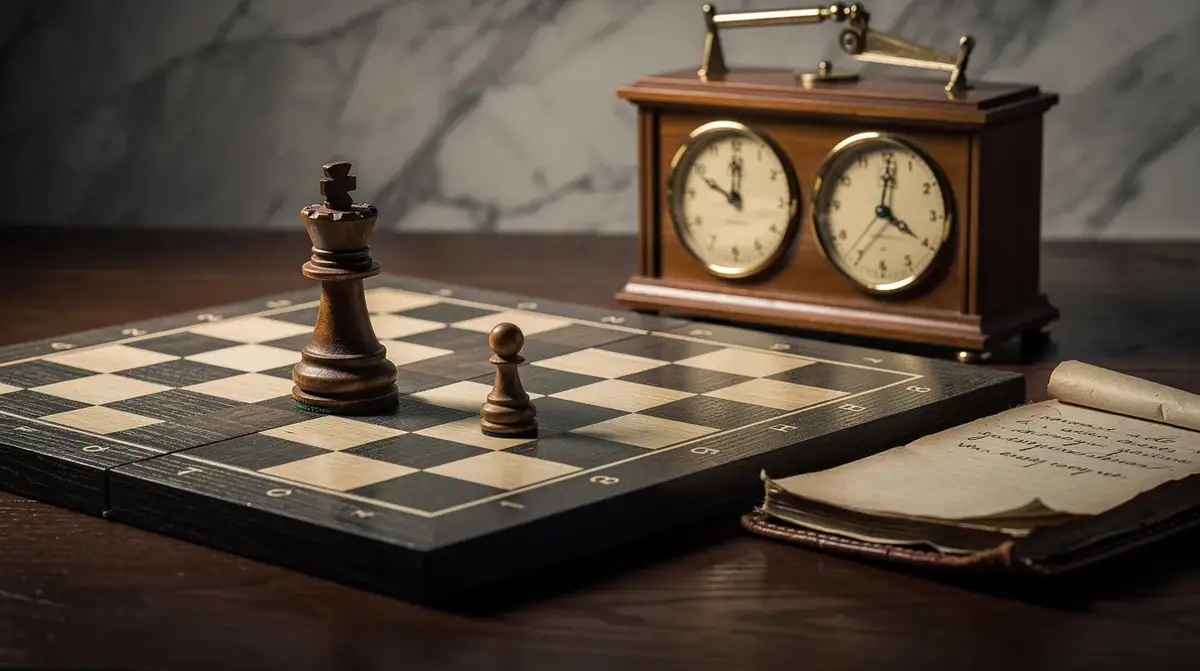 Classic rook and passed pawn endgame study beside a leather notebook