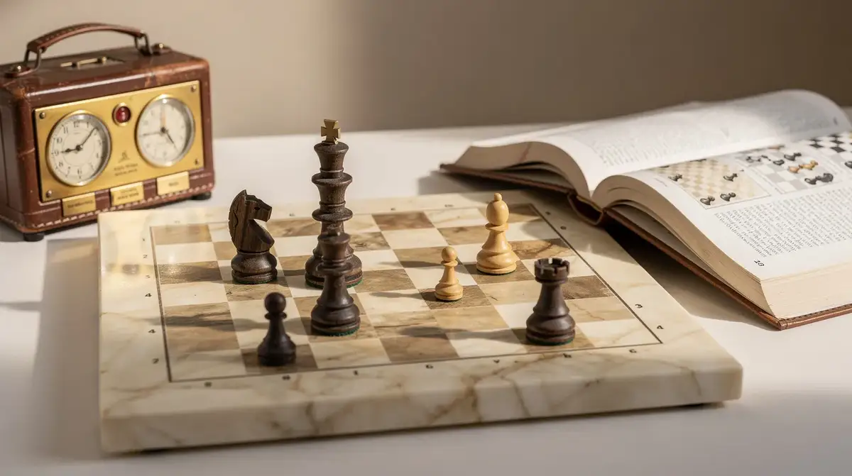 Chess still life showing a king approaching the square of an advancing pawn