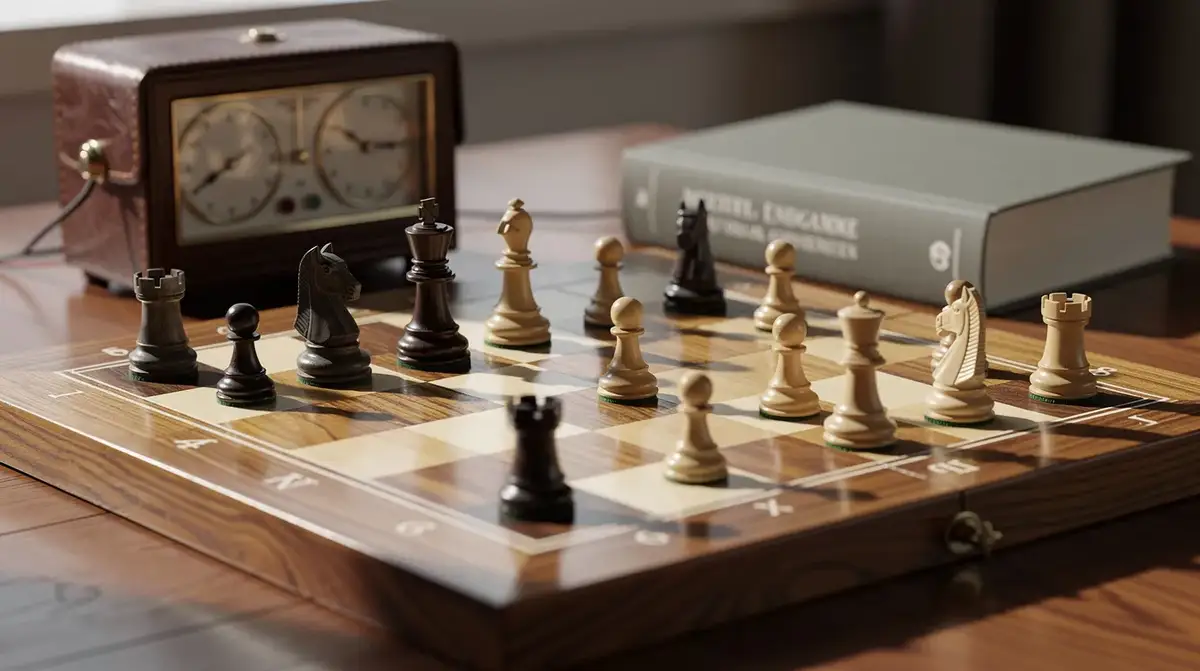 Warm chess still life representing the Philidor third-rank defence