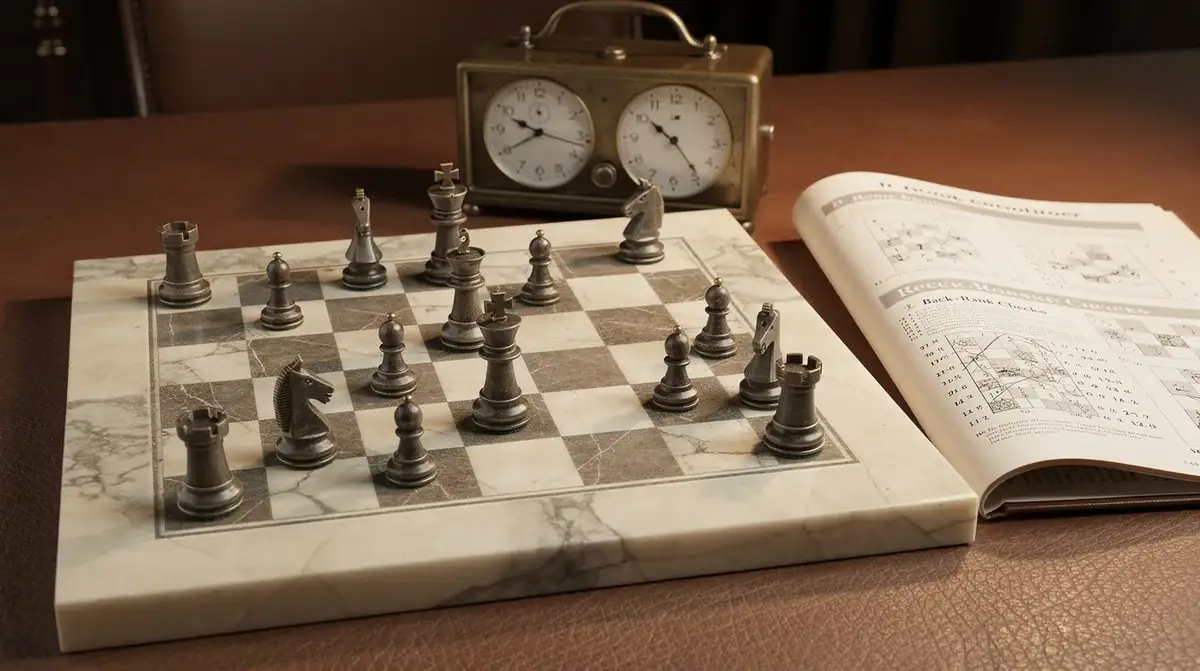 Chess still life illustrating a rook switching to active back-rank checks