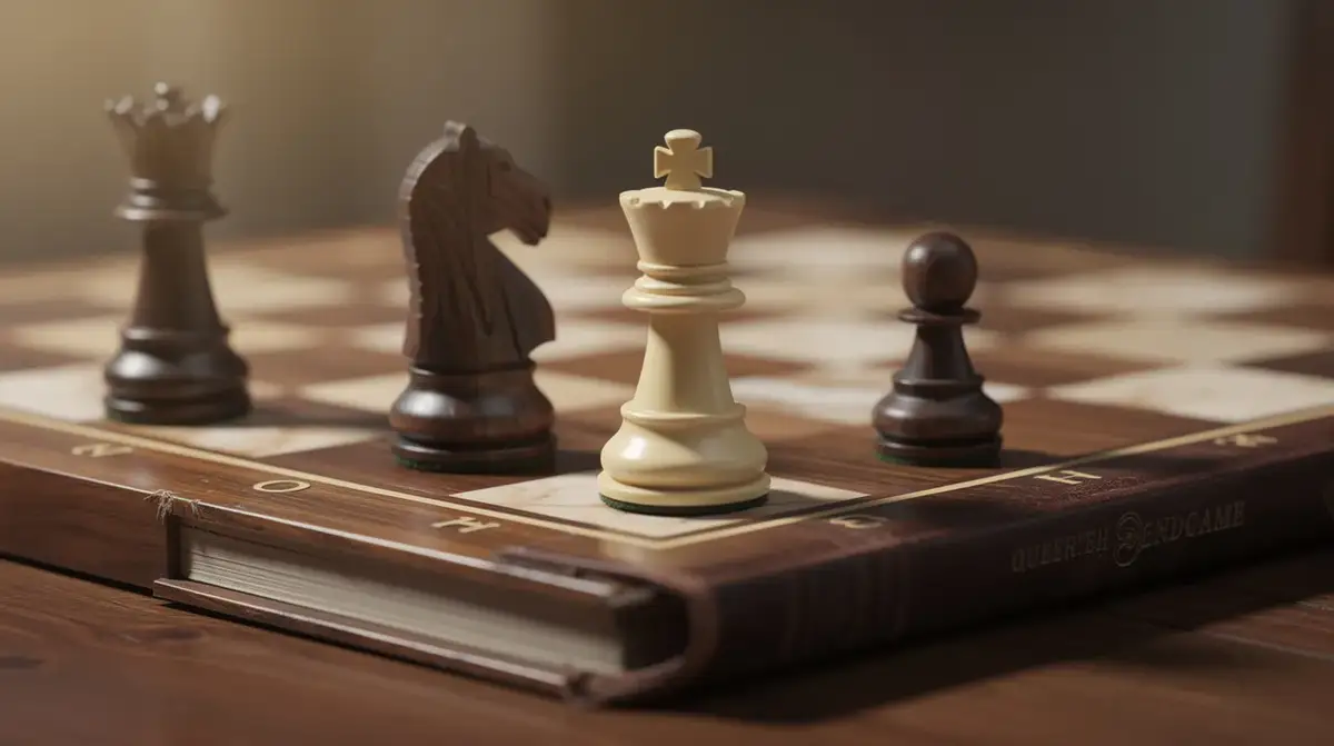 Chess queen, king, and pawn beside a closed endgame book on a wooden board