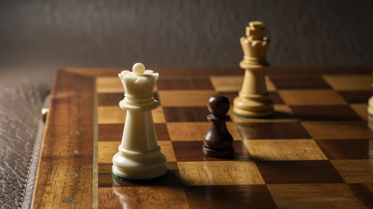 Wooden queen and advanced pawn in a warm queen-versus-pawn endgame still life