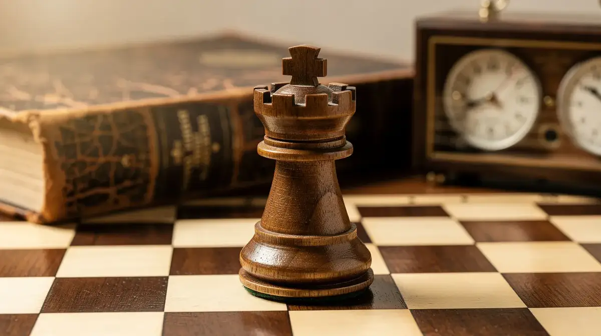 Warm wooden rook endgame still life with a passed pawn supported from behind