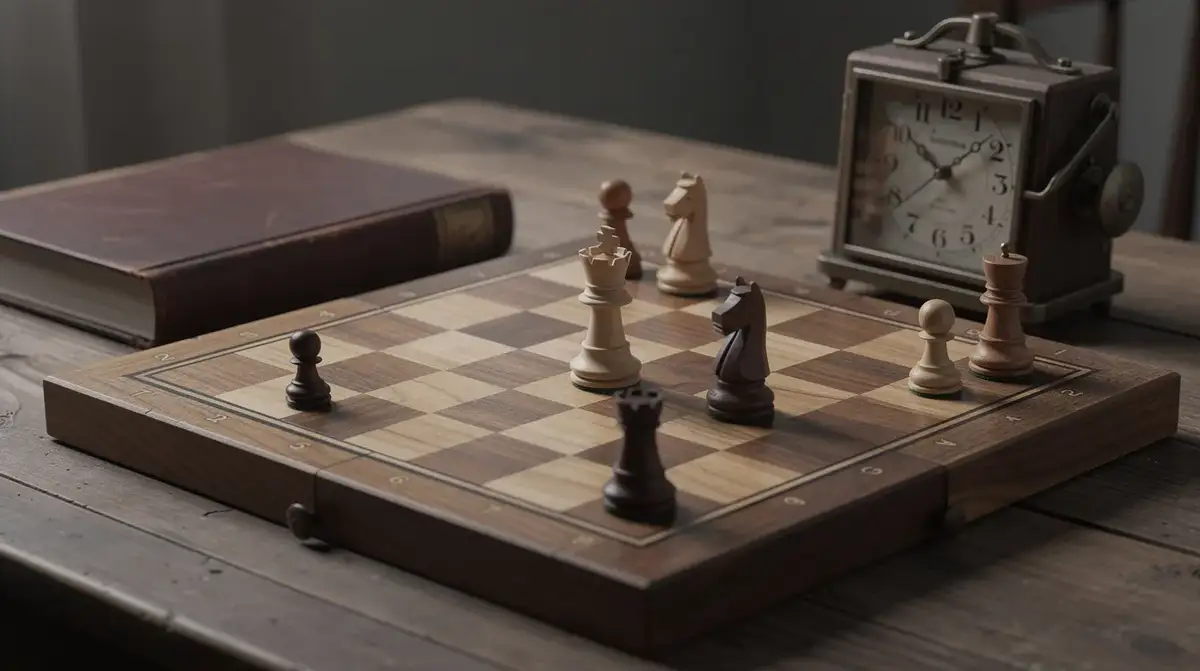 Wooden rook across an open rank with a pawn, kings, book, and chess clock nearby