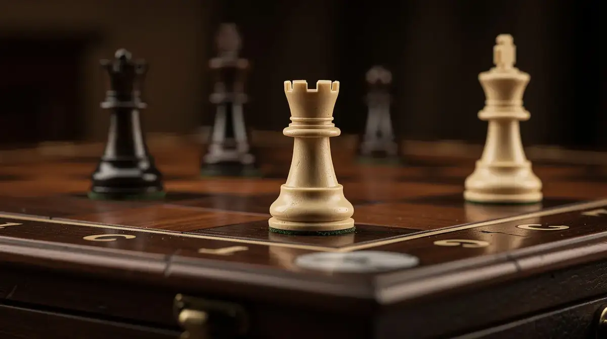 Cream rook separating a dark king from an advanced pawn on a warm wooden board