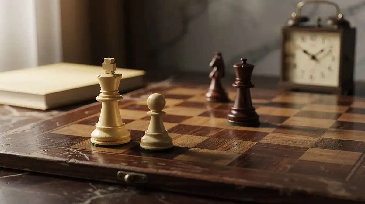 Ivory king and pawn with a darker king on a warm wooden board beside a chess clock