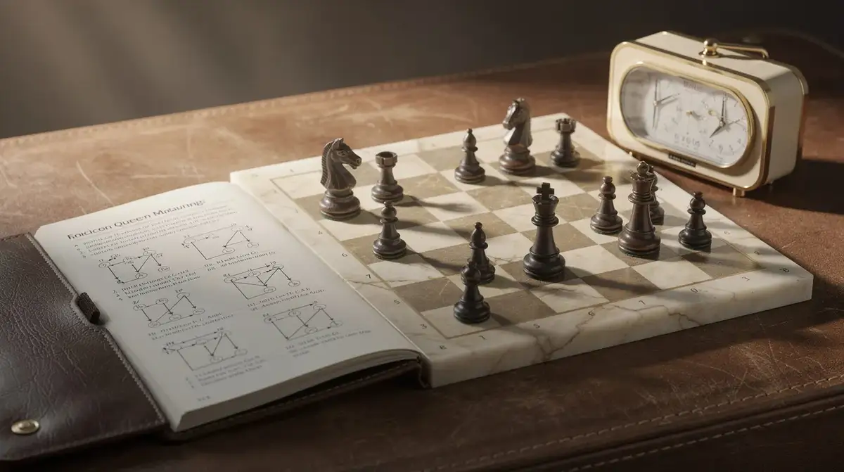 Chess still life illustrating knight and queen coordination in a smothered mate