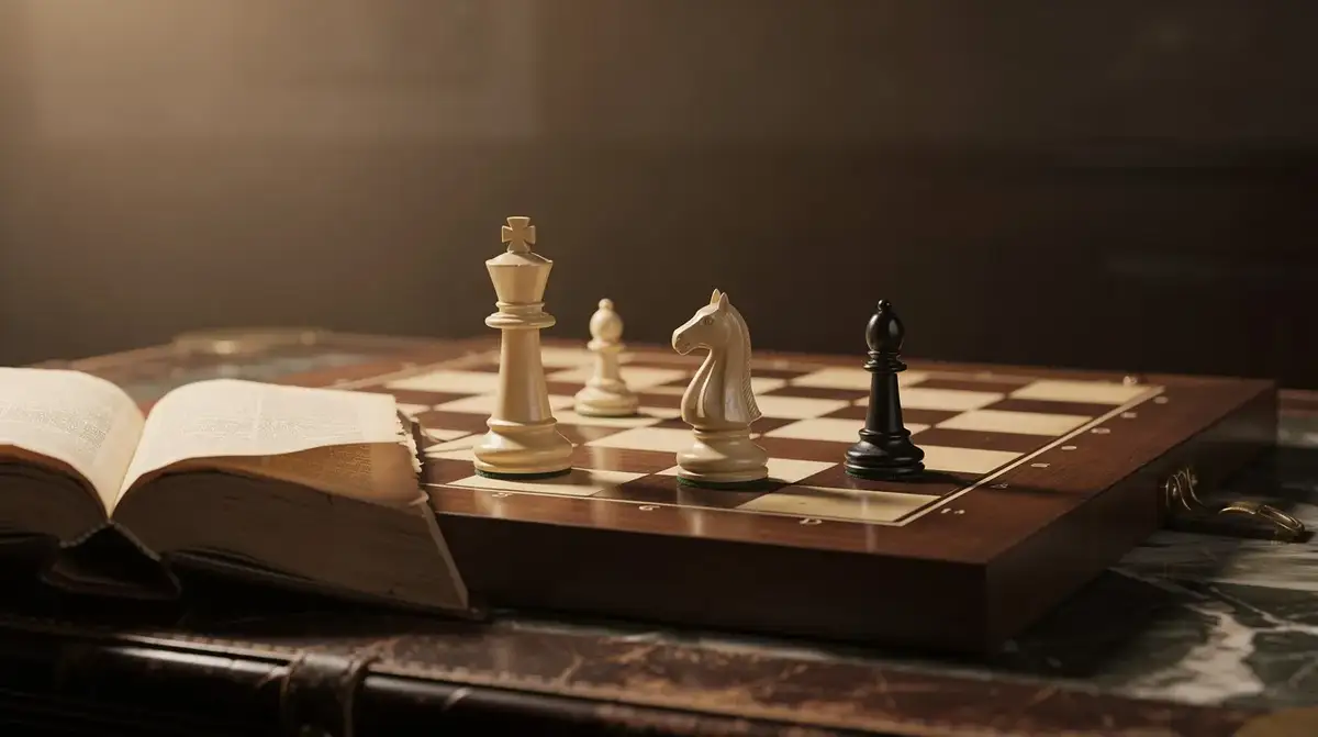 Vintage chess book beside rook and bishop pieces in a warm historical-game still life