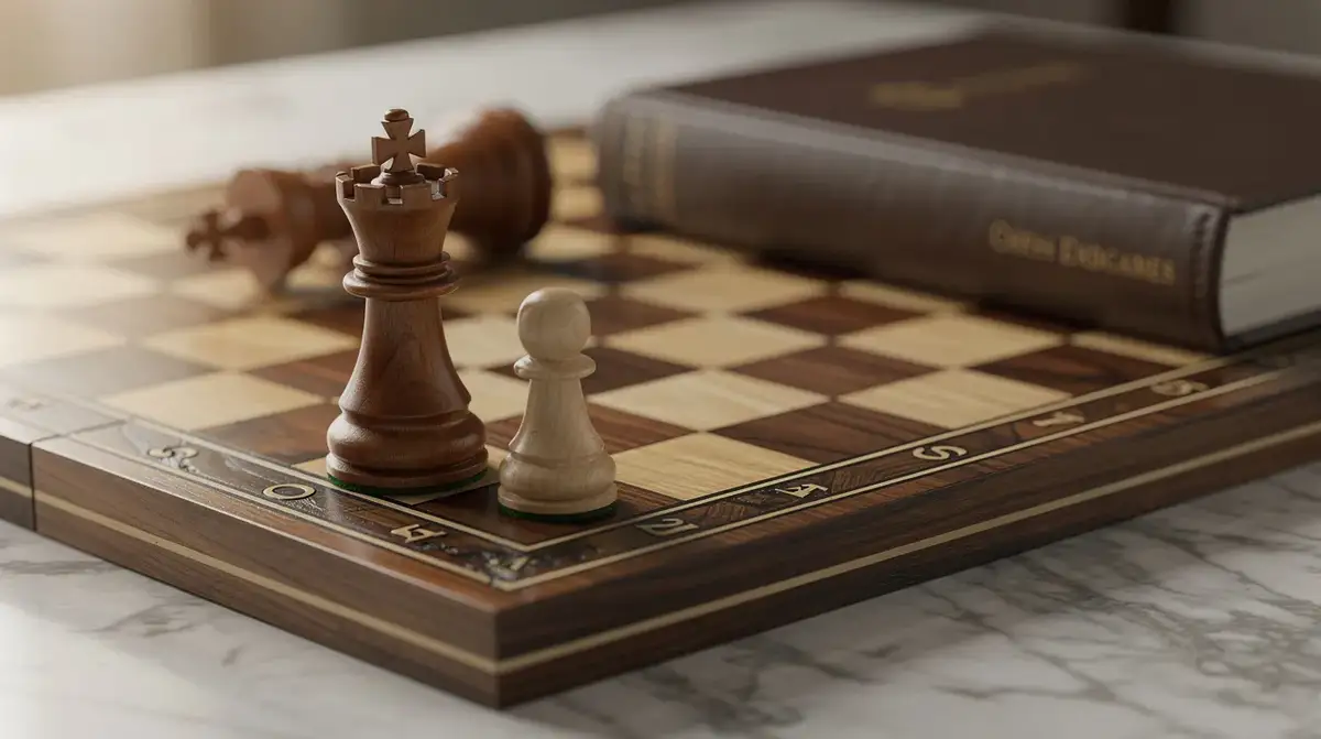 Wooden rook and pawn arranged for an underpromotion lesson on a warm chessboard