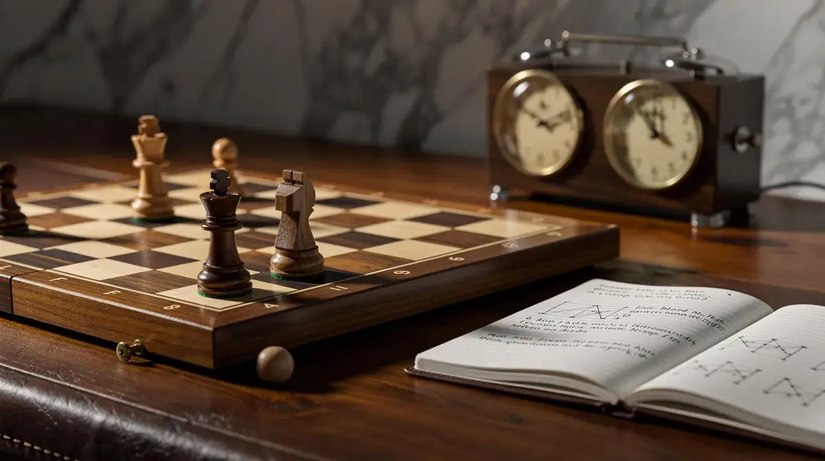 Classic wooden rook and advanced edge pawn beside an endgame notebook and chess clock