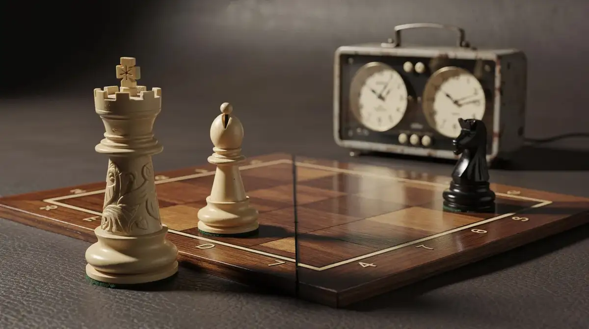 Wooden rook and bishop arranged for a windmill tactic on a warm chessboard